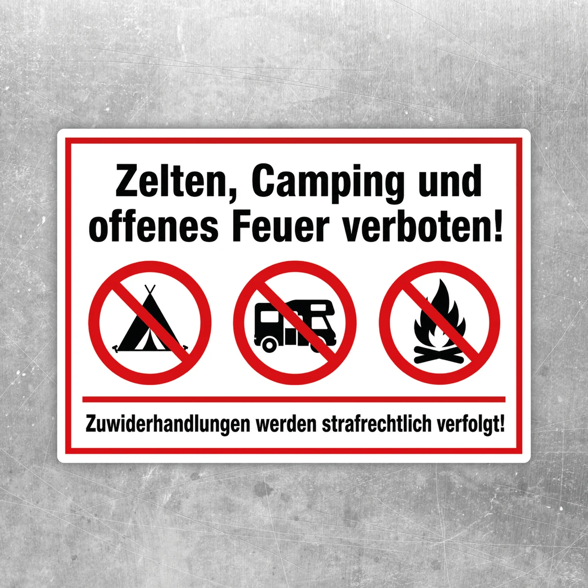 Zelten, Camping und offenes Feuer verboten Aufkleber mit roter Verbotsgrafik und klarer Beschriftung auf weißem Grund.