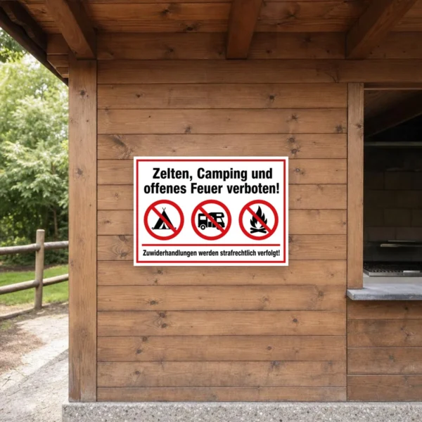 KI-generiertes Anwendungsbeispiel: Verbotsschild „Zelten, Camping und offenes Feuer verboten!“ mit drei roten Symbolen an einem Campingeingang.
