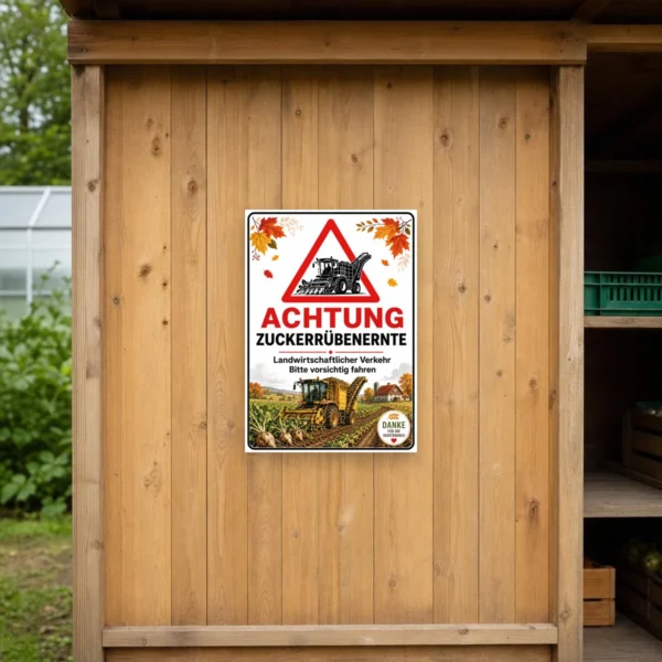 KI-generiertes Anwendungsbeispiel: Achtung Zuckerrübenernte Schild an einer Hofeinfahrt, gut sichtbar für vorbeifahrende Verkehrsteilnehmer.
