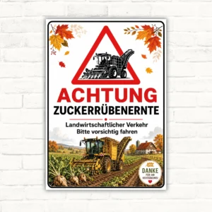 Achtung Zuckerrübenernte Schild mit Warnsymbol, Erntemaschine und Hinweistext für landwirtschaftlichen Verkehr.