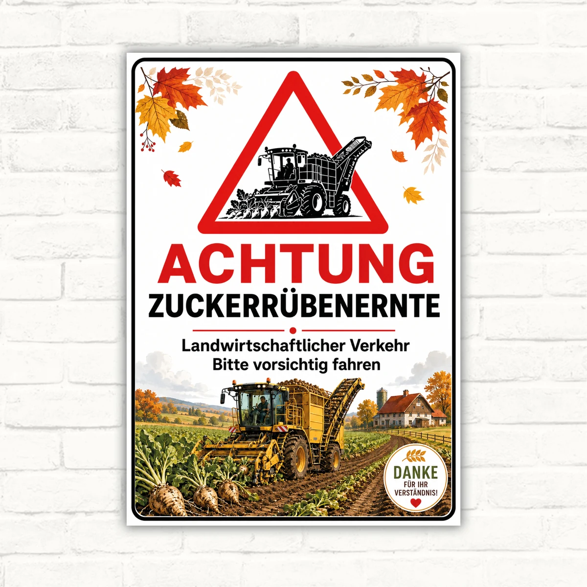 Achtung Zuckerrübenernte Schild mit Warnsymbol, Erntemaschine und Hinweistext für landwirtschaftlichen Verkehr.
