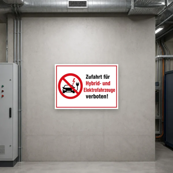 KI-generiertes Anwendungsbeispiel: Querformat-Schild mit rotem Verbotssymbol und Text „Zufahrt für Hybrid- und Elektrofahrzeuge verboten“ an einer Einfahrt.
