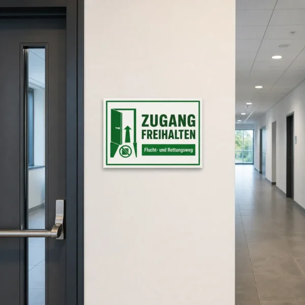 KI-generiertes Anwendungsbeispiel: Grün-weißer Aufkleber „Zugang freihalten“ an einer Tür im Flur zur Kennzeichnung eines Rettungswegs.