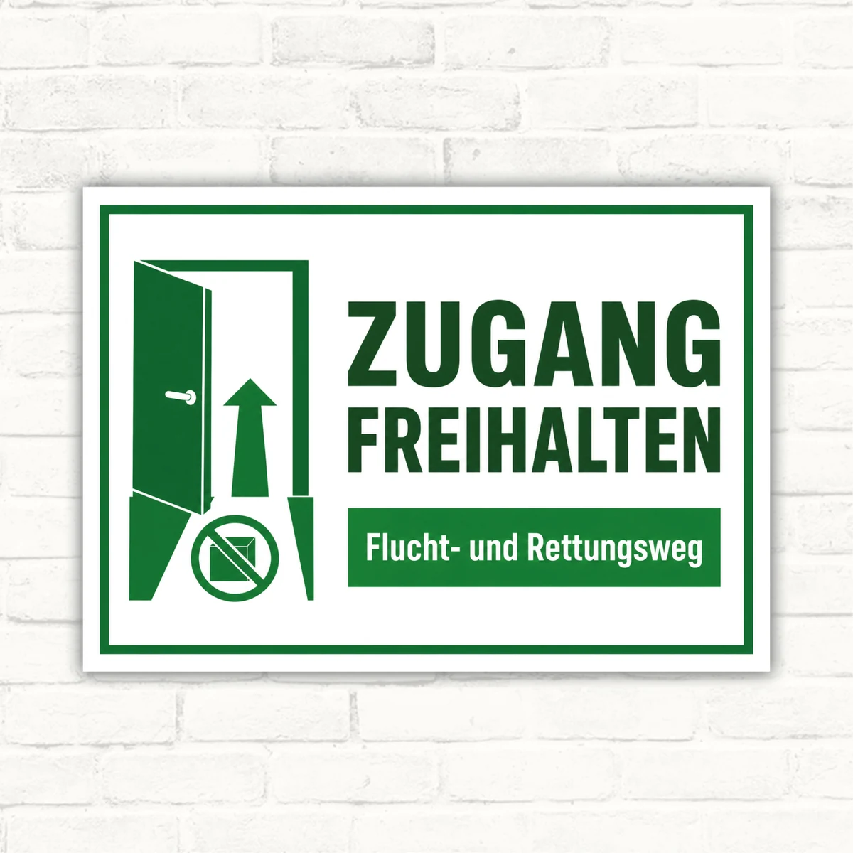 Zugang freihalten Schild mit Türsymbol und Pfeil für Flucht- und Rettungsweg, grünes Hinweisschild aus Aluminium-Verbundplatte.