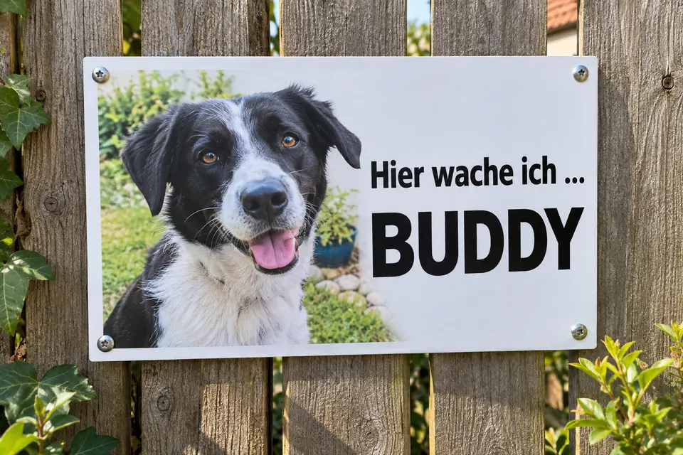 Individuelles Hundeschild mit eigenem Foto und dem Namen Buddy im DIN-Querformat am Gartenzaun.