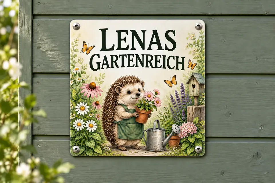 Quadratisches KI-Gartenschild Lenas Gartenreich mit Igel und Blumen.