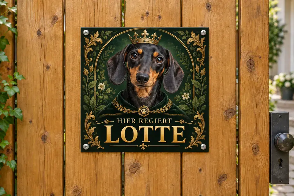 Quadratisches KI-Hundeschild Hier regiert Lotte mit königlichem Hundeporträt.