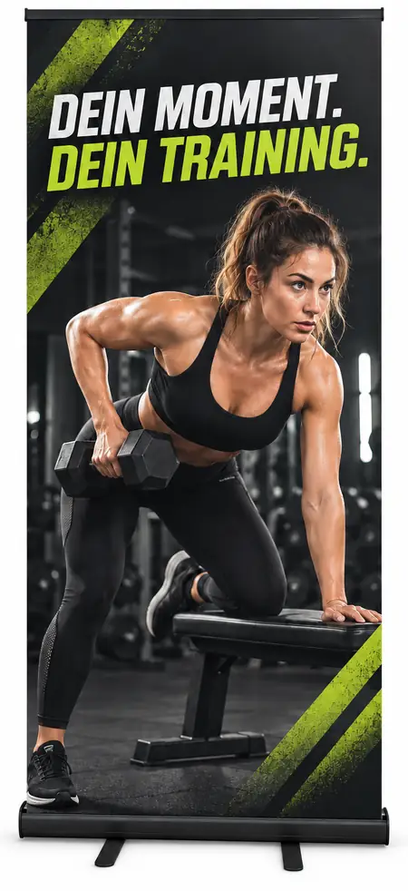 Schwarzes Rollup mit schwarzer Kassette und einem Fitnessmotiv: Dein Moment. Dein Training.