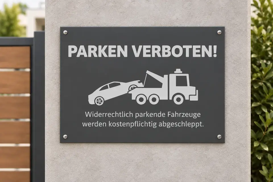 Graues Parken-verboten-Schild mit Abschleppsymbol im DIN-Querformat.