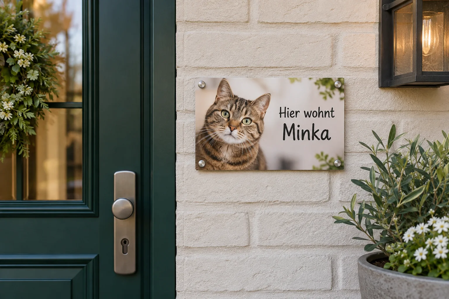 Persönliches Katzenschild Hier wohnt Minka im DIN-A5-Querformat mit vier Abstandshaltern neben einer Haustür.