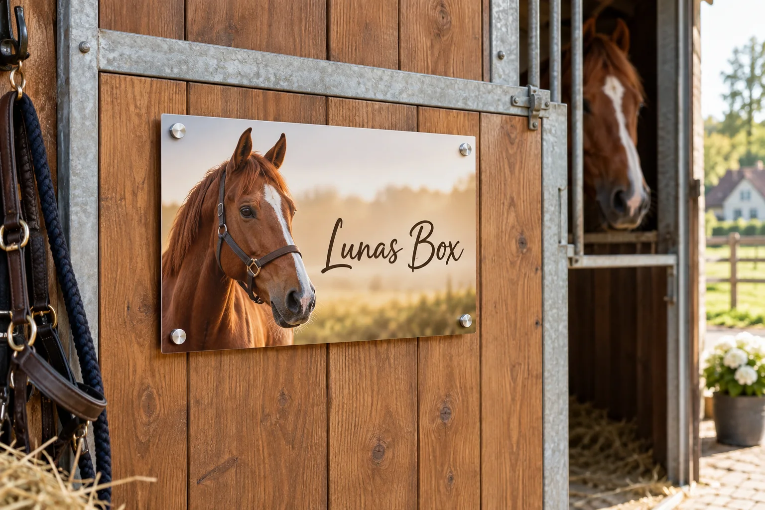 Persönliches Pferdeschild Lunas Box im DIN-A4-Querformat mit vier Abstandshaltern an einer Stalltür.