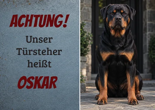 Persönliches Hundeschild an der Hauswand neben der Eingangstür