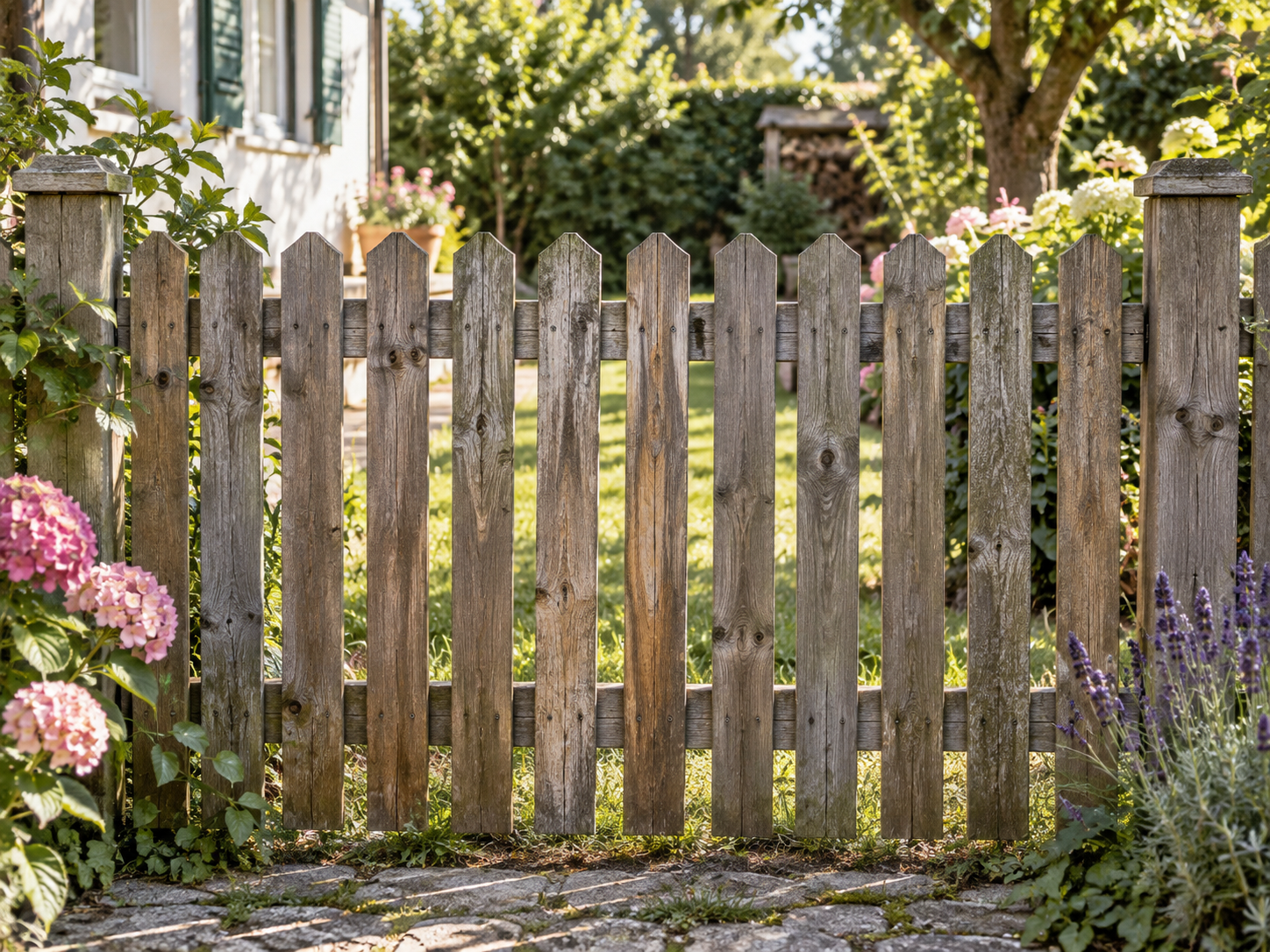 Rustikaler Gartenzaun mit einem persönlichen Hundeschild