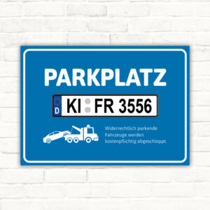 Schild Parkplatz mit grossem individuellem Kennzeichen blau