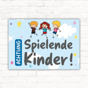 Schild Achtung Spielende Kinder mit Kindern bunt