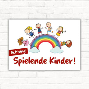 Schild Achtung Spielende Kinder mit Kindern Regenbogen bunt