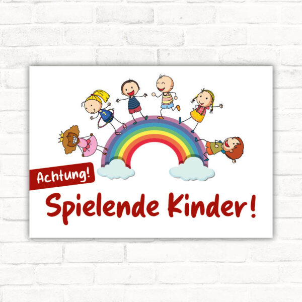 Schild Achtung Spielende Kinder mit Kindern Regenbogen bunt