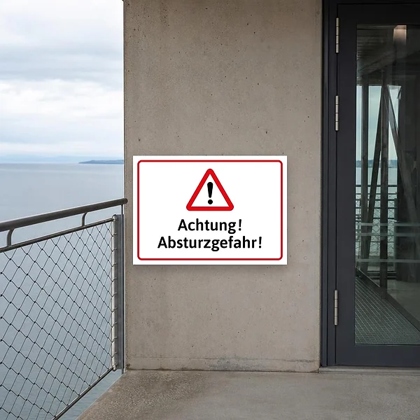 Ein gut sichtbares Warnschild mit der Aufschrift 'Achtung! Absturzgefahr!' an einem Bereich mit Höhenunterschied, etwa an einer Kante, einem Podestzug