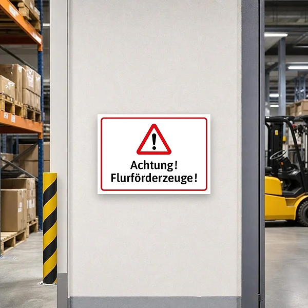 Warnschild an einer Lagerhalle, das Mitarbeiter vor Flurförderzeugen im Staplerverkehr warnt