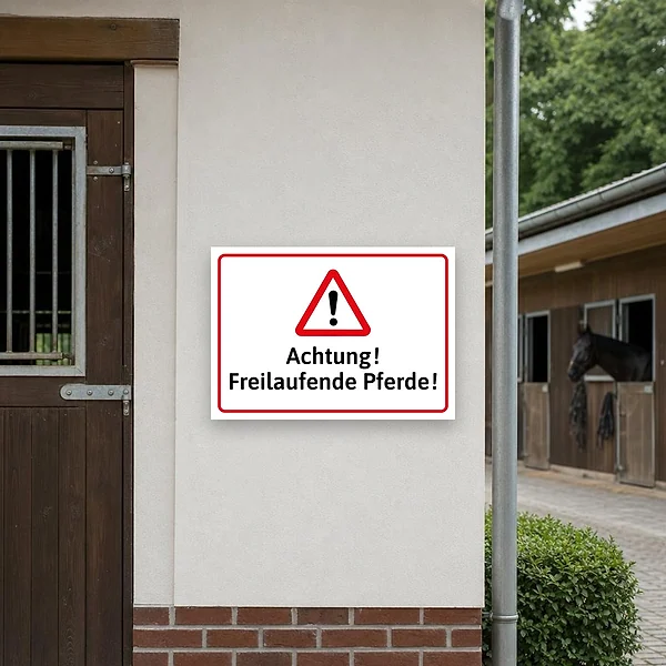 Ein gut sichtbares Warnschild an einer Hofeinfahrt oder Weide weist Besucher auf freilaufende Pferde hin.