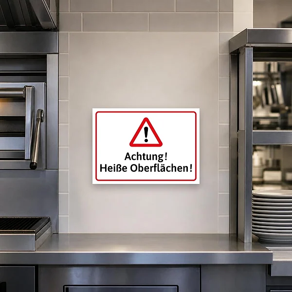 Beschilderter Maschinen- oder Arbeitsbereich mit Hinweis auf heiße Oberflächen zur Warnung von Mitarbeitenden und Besuchern