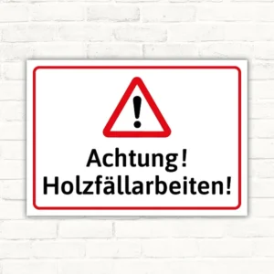 Warnschild mit Dreiecksymbol und dem Text Achtung! Holzfällarbeiten!