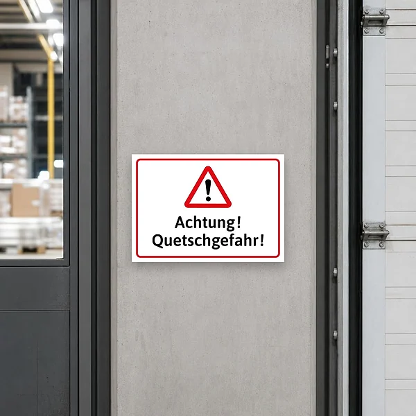 Ein Warnschild mit rotem Dreieck und der Aufschrift „Achtung! Quetschgefahr!“ an einer Maschine im Innenbereich zur Kennzeichnung einer potenziellen E