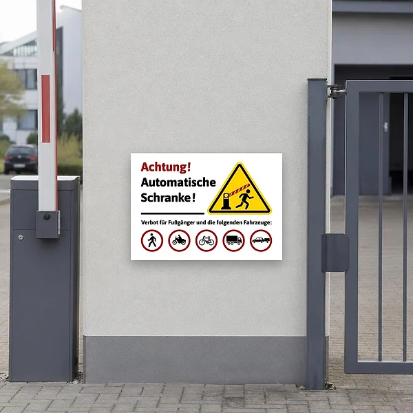 Ein gelbes Warnschild an einer Zufahrt oder Schrankenanlage weist Fußgänger und Fahrzeugführer deutlich auf die automatische Schranke und den gesperr