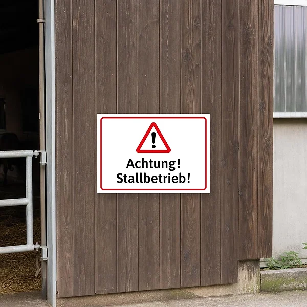 Warnschild an einer Hofeinfahrt vor einem landwirtschaftlichen Stallbereich mit laufendem Betrieb