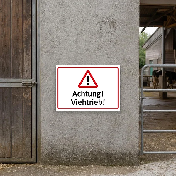 Warnschild an einer Hofzufahrt vor einer Weide, das auf Viehtrieb und querende Tiere hinweist