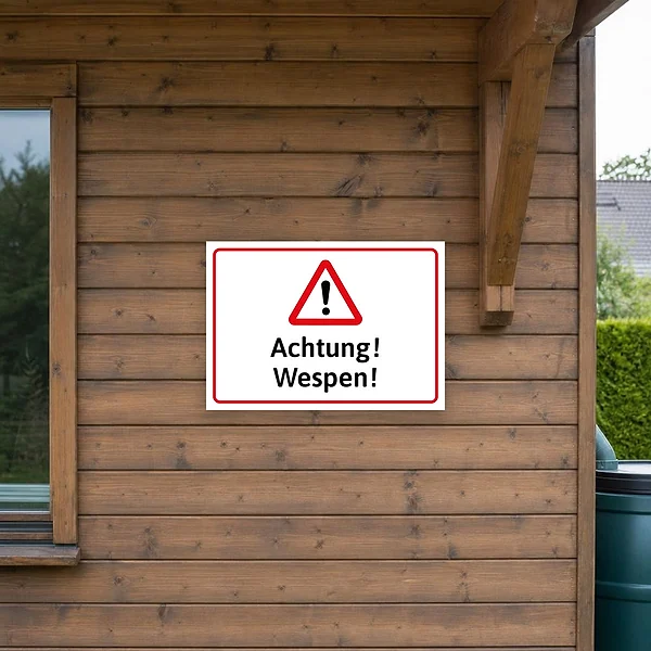 Ein gut sichtbares Wespen-Warnschild im Querformat zur Kennzeichnung eines Terrassen- oder Gartenbereichs mit Wespenhinweis.
