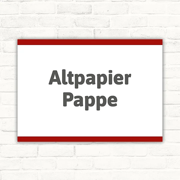 Altpapier Pappe Schild mit dunkler Schrift auf hellem Hintergrund und rotem Rand