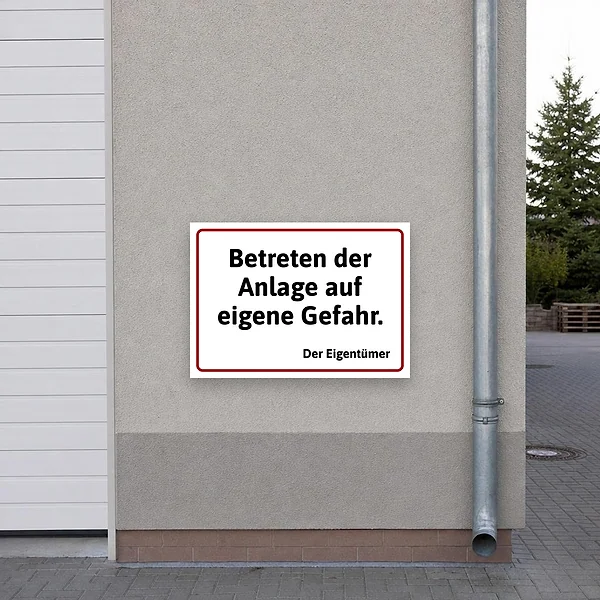 Ein querformatiges Warnschild an einem Tor oder Zaun vor einer privaten Anlage mit dem Hinweis, dass das Betreten auf eigene Gefahr erfolgt.