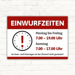 Einwurfzeiten Schild mit Uhrsymbol und den Zeiten Montag bis Freitag 7.00 bis 19.00 Uhr sowie Samstag 7.00 bis 17.00 Uhr
