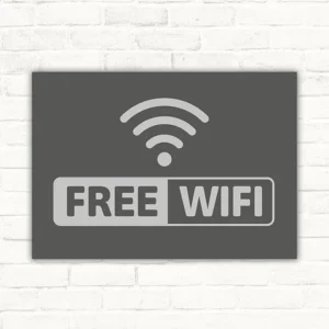 Free Wi Fi Schild mit WLAN-Symbol und Schriftzug in Grau, Hellgrau und Weiß