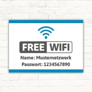 FREE WIFI Schild mit Wi Fi-Symbol, WLAN-Name Musternetzwerk und Passwort 1234567890 im Querformat