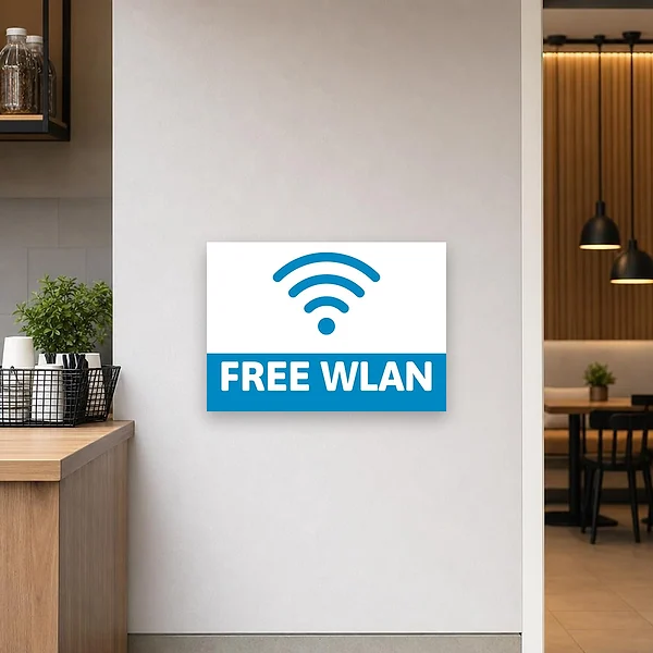 Ein blau-weißes Free-WLAN-Schild hängt gut sichtbar im Eingangsbereich eines Cafés und weist Besucher auf kostenlosen Internetzugang hin.