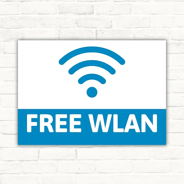 Freies WLAN Schild mit WLAN-Symbol und dem Text FREE WLAN in Blau und Weiß im Querformat.