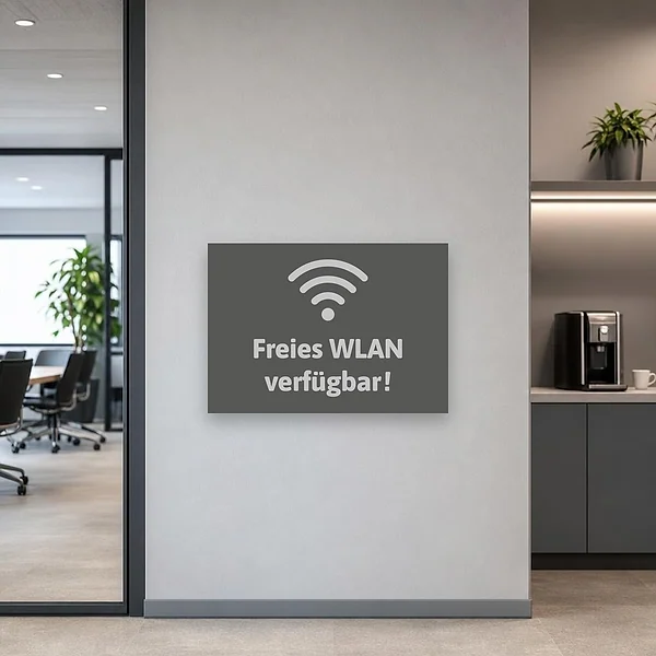 Graues WLAN-Hinweisschild im Querformat an einer hellen Wand in einem Café oder Eingangsbereich, um Gästen freies Internet anzuzeigen.