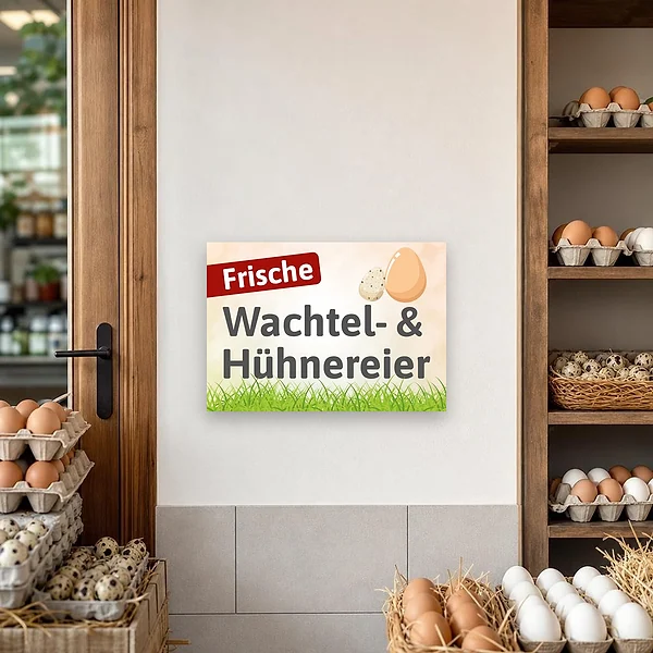 Ein Verkaufsschild für einen Hofladen oder Verkaufsstand mit Hinweis auf frische Wachtel- und Hühnereier, gut sichtbar im Querformat angebracht.