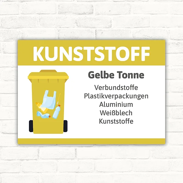 Hinweisschild Gelbe Tonne mit Kunststoff, Verbundstoffe, Aluminium und Weißblech