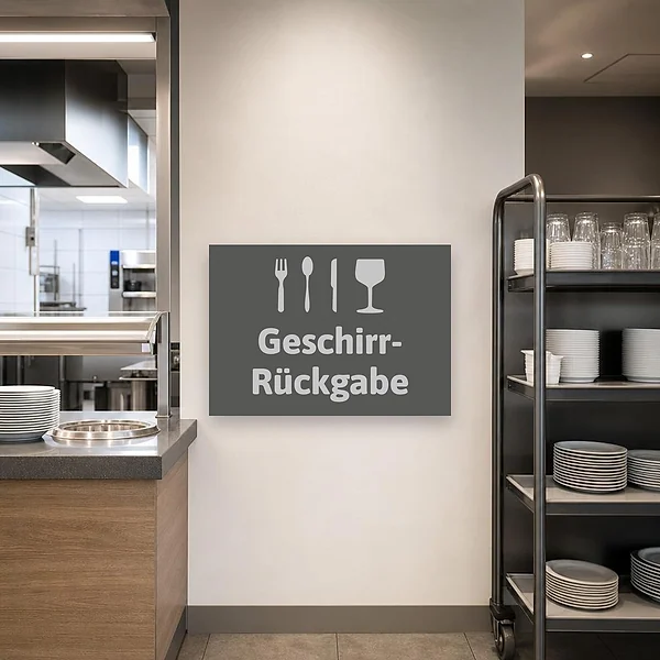 Ein graues Hinweisschild über einer Geschirrrückgabe-Station in einer Kantine oder Gastronomie mit klarer Kennzeichnung für Gäste und Besucher