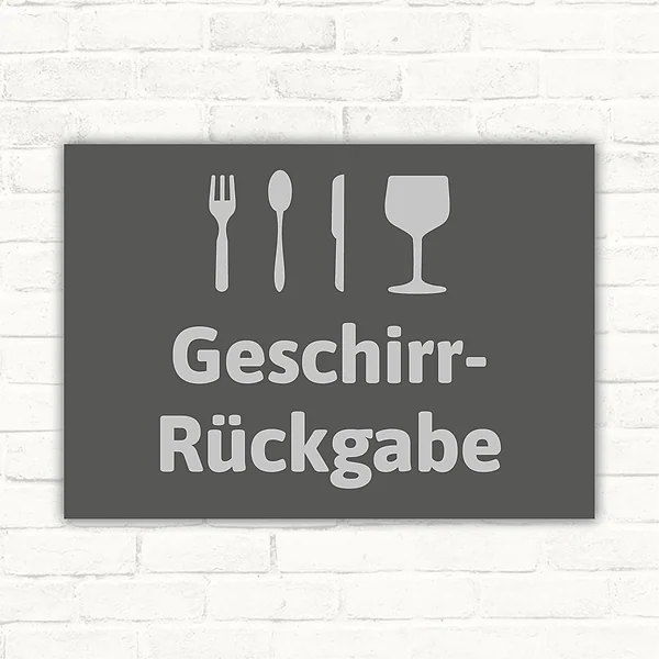 Schild mit Besteck-, Messer- und Glas-Symbol sowie der Aufschrift Geschirr-Rückgabe