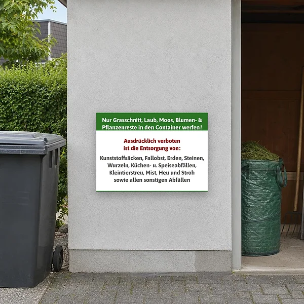 Ein grün-weißes Hinweisschild am Containerplatz im Außenbereich, das die Einwurfregeln für Grasschnitt, Laub, Moos und Pflanzenreste erklärt.