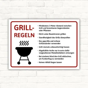 Schild mit Grillregeln, roter Überschrift, Grill-Symbol und Sicherheitshinweisen auf weißem Hintergrund im Querformat.