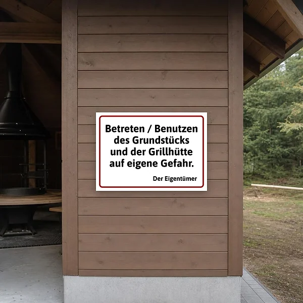 Ein weißes Warnschild mit roter Umrandung und schwarzem Text an einer Grillhütte oder am Grundstückseingang, das Besucher auf die Nutzung auf eigene G