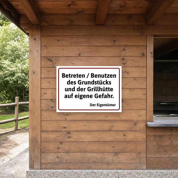 Warnschild an einer privaten Grillhütte mit Hinweis auf Betreten und Benutzen auf eigene Gefahr vor einem zugänglichen Freizeitgrundstück.