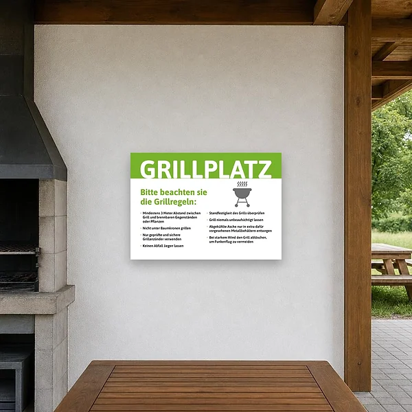 Ein querformatiges Grillplatz-Hinweisschild an einer Außenwand mit gut lesbaren Grillregeln für einen öffentlichen BBQ-Bereich.