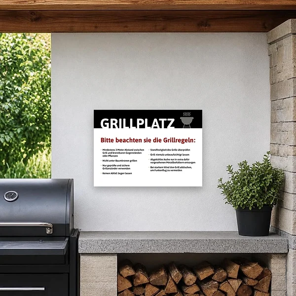 Hinweisschild mit Grillregeln an einem öffentlichen Grillplatz im Park, montiert an einer Wand im Außenbereich