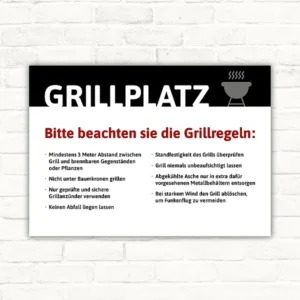 Grillplatz Schild mit Grillregeln in Schwarz, Weiß, Rot, Grau und Grün